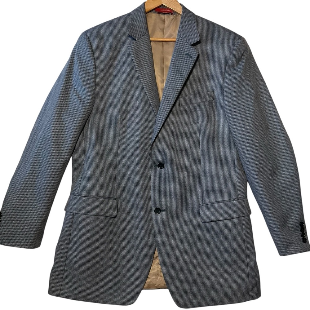 retro IZOD sz 42 L Sport Coat Blazer Macy’s Houndstooth 2 Buttons 6 Pockets Gray